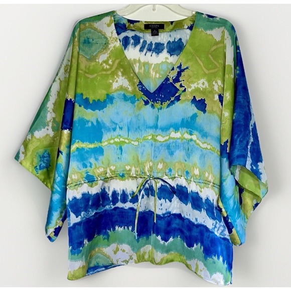 Chaps Silky Gathered Waist Tunic Top Blouse Womens Small Colorful Tie Dye‎ Boxy - Picture 1 of 6